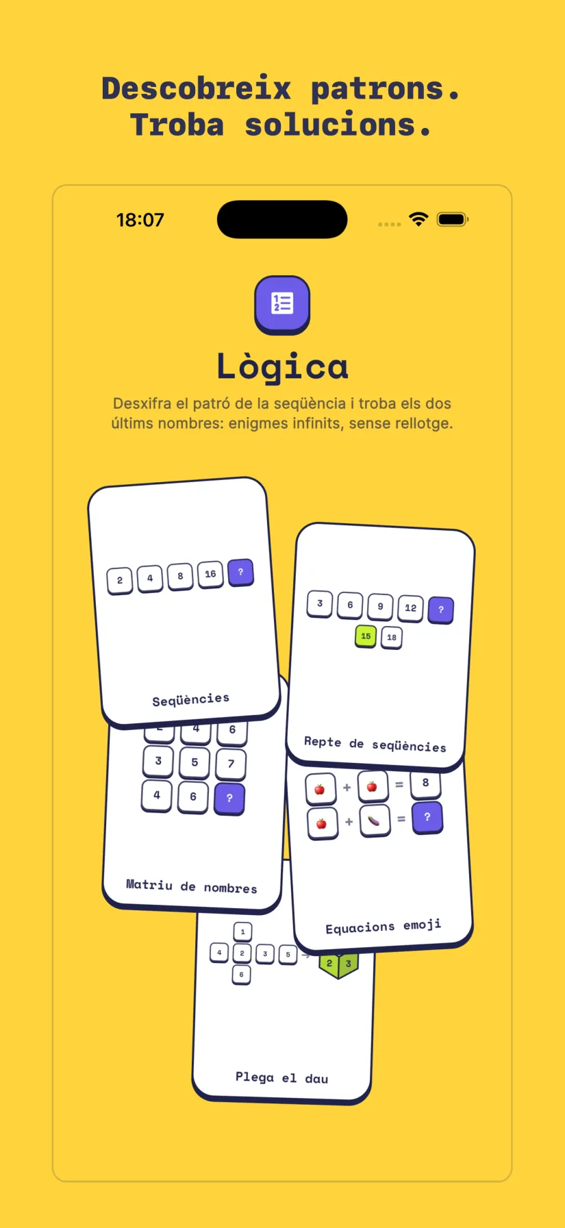 Lògica: Repte de seqüències, Seqüències, Matriu de nombres, Equacions emoji, Plega el dau