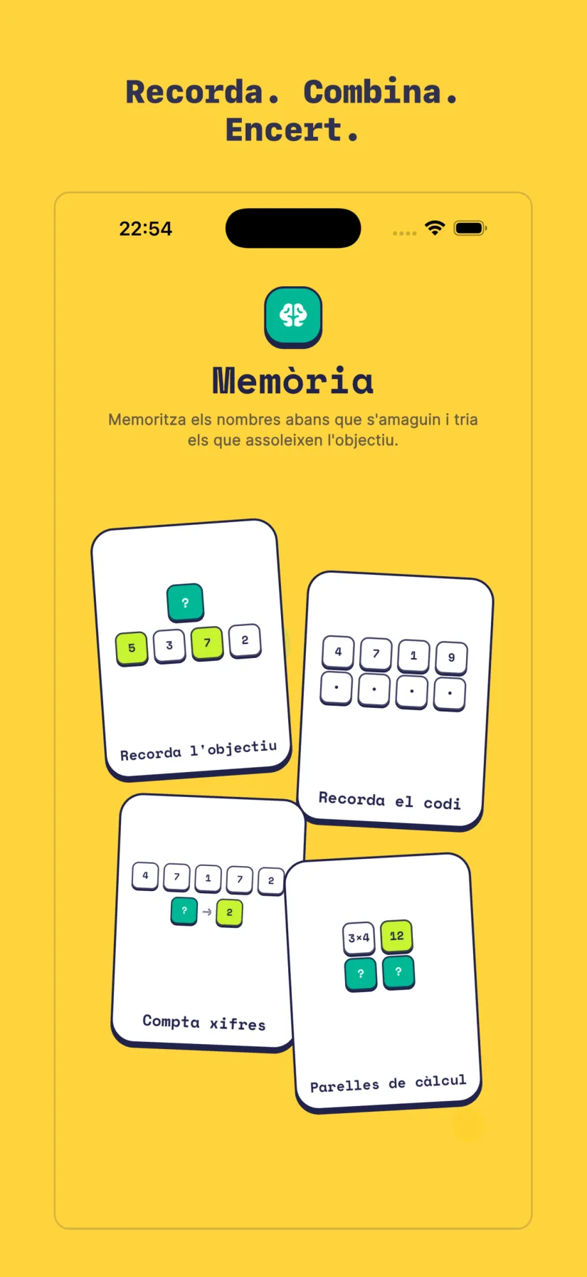 Memòria: Recorda l'objectiu, Recorda el codi, Compta xifres, Parelles de càlcul