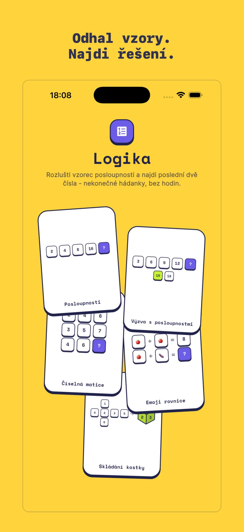 Logika: Výzva s posloupnostmi, Posloupnosti, Číselná matice, Emoji rovnice, Skládání kostky