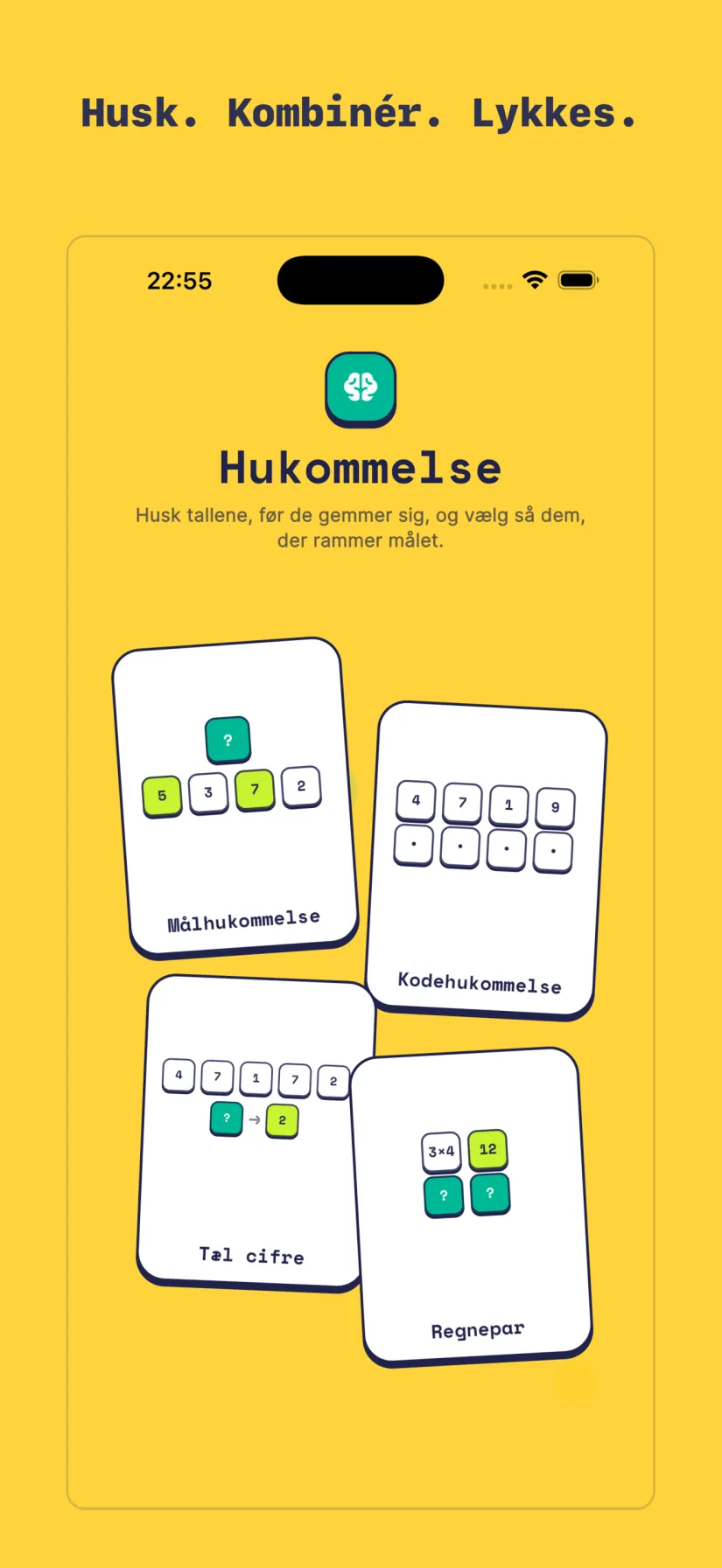 Hukommelse: Målhukommelse, Kodehukommelse, Tæl cifre, Regnepar