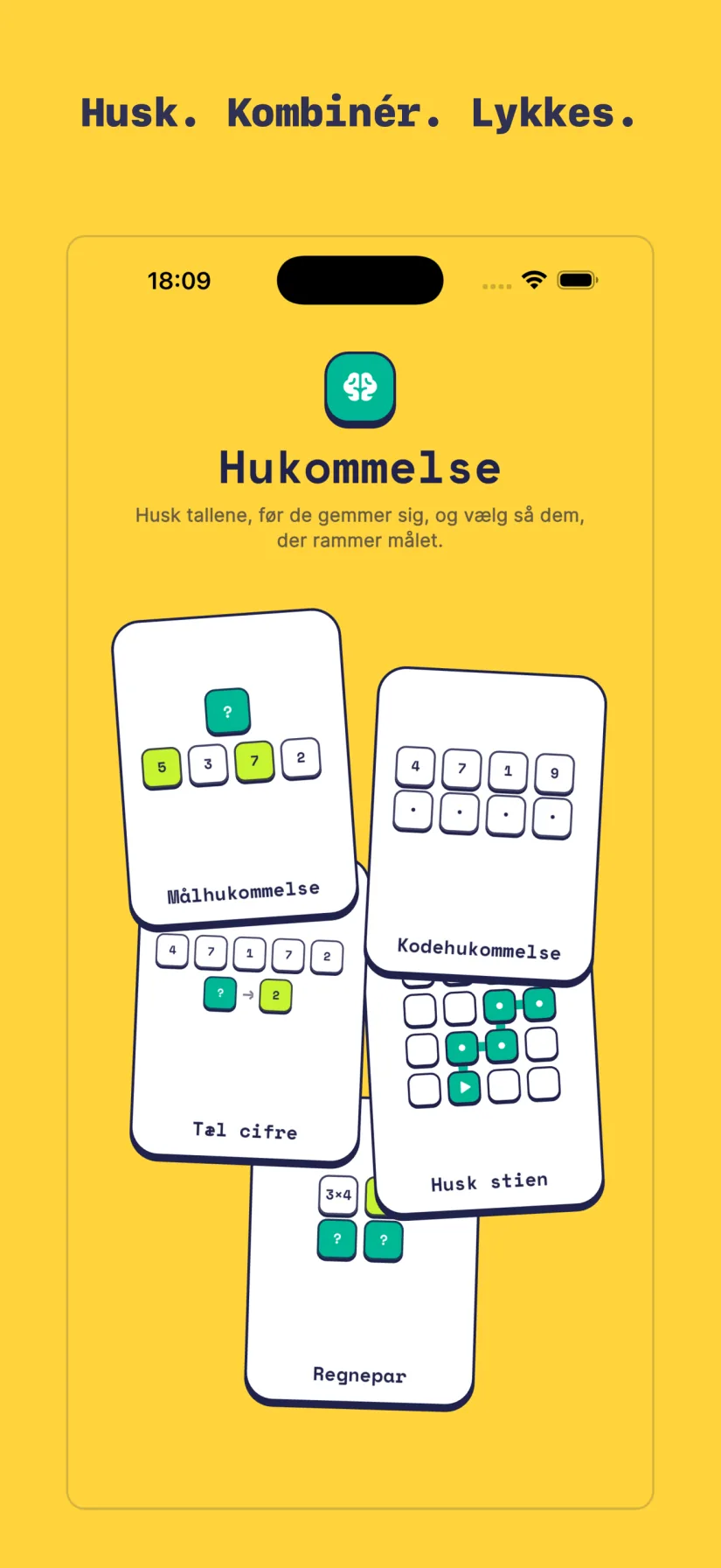 Hukommelse: Målhukommelse, Kodehukommelse, Tæl cifre, Husk stien, Regnepar