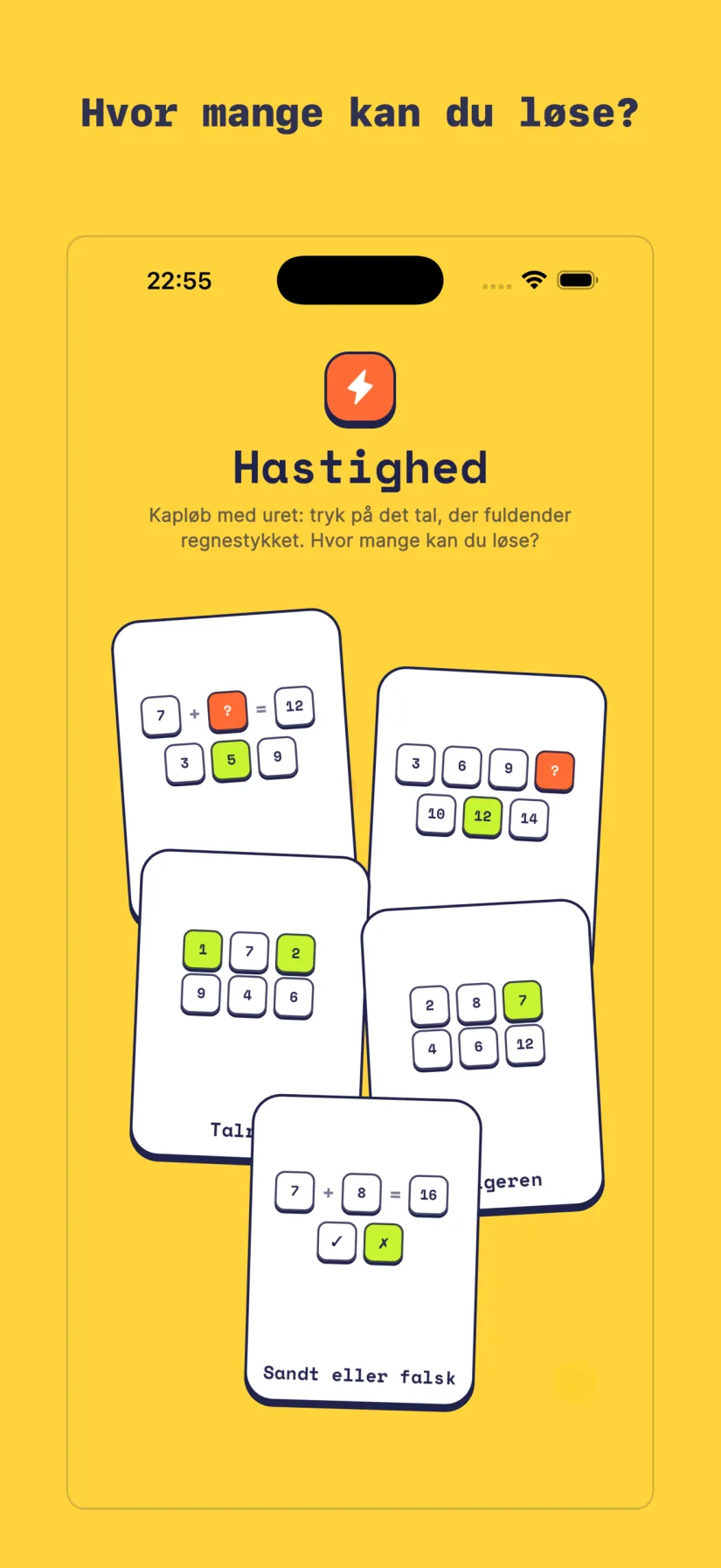 Hastighed: Hovedregning, Mønstersprint, Talræs, Afvigeren, Sandt eller falsk