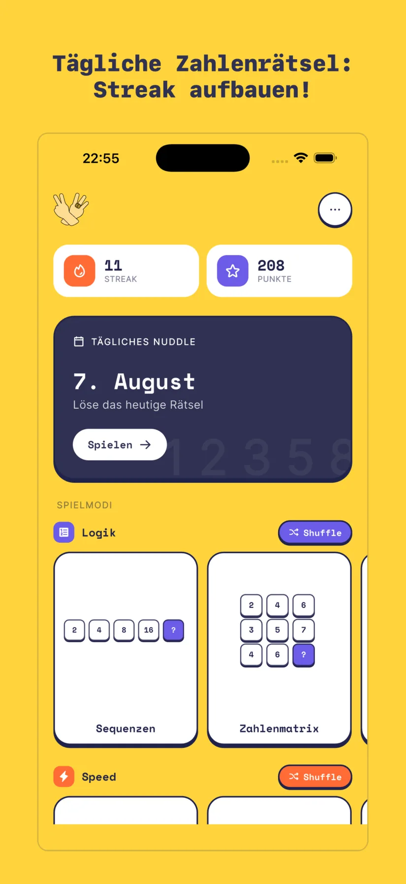 Nuddle-Startseite mit Daily Nuddle und vier Spielmodi
