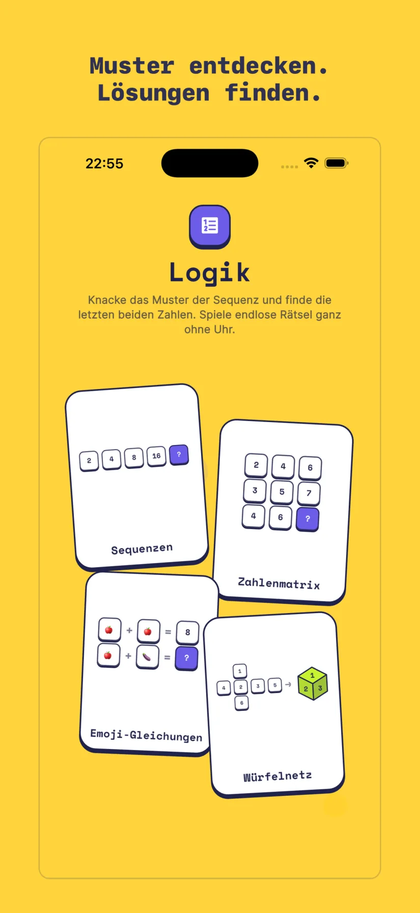 Logik-Modus mit Sequenzen, Sequenz-Challenge, Zahlenmatrix, Emoji-Gleichungen und Würfelnetz