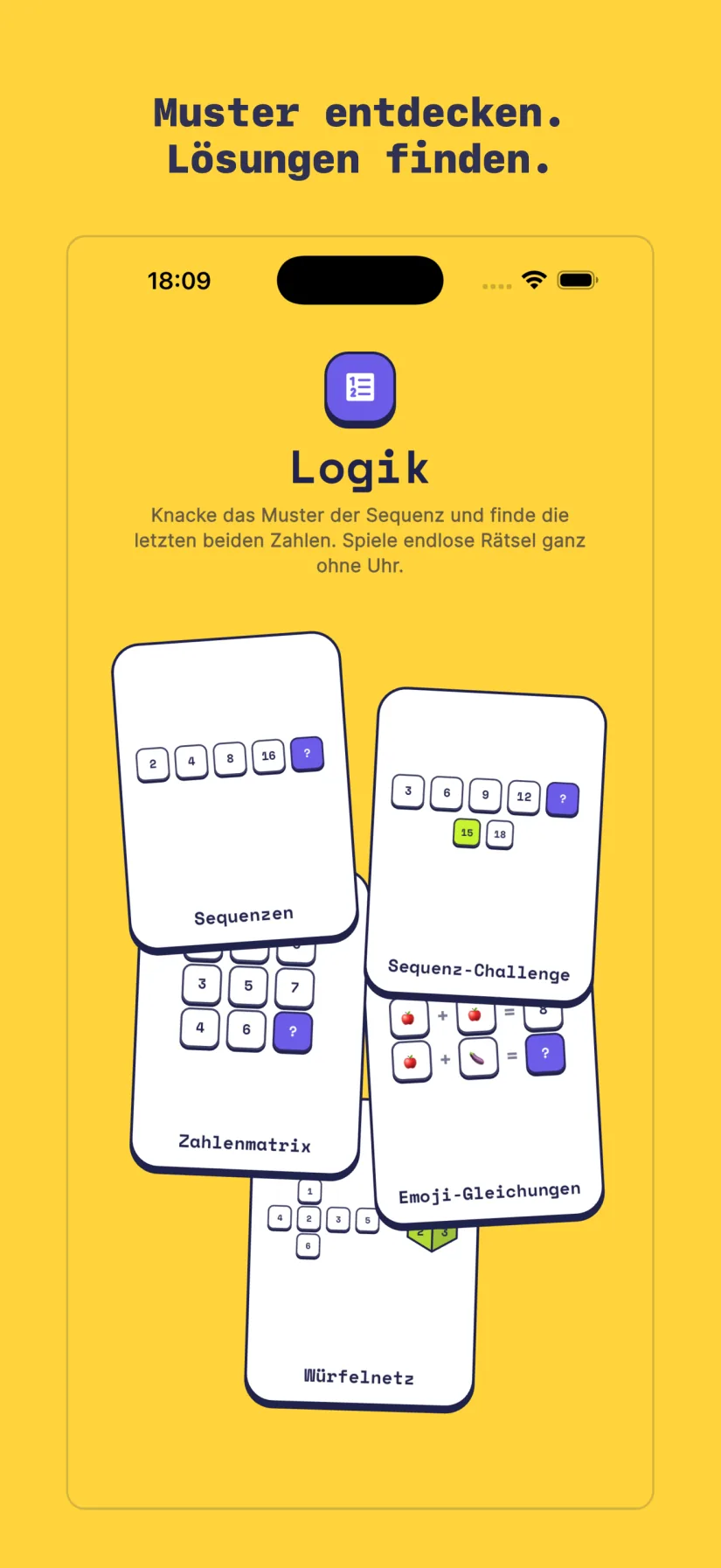 Logik: Sequenz-Challenge, Sequenzen, Zahlenmatrix, Emoji-Gleichungen, Würfelnetz