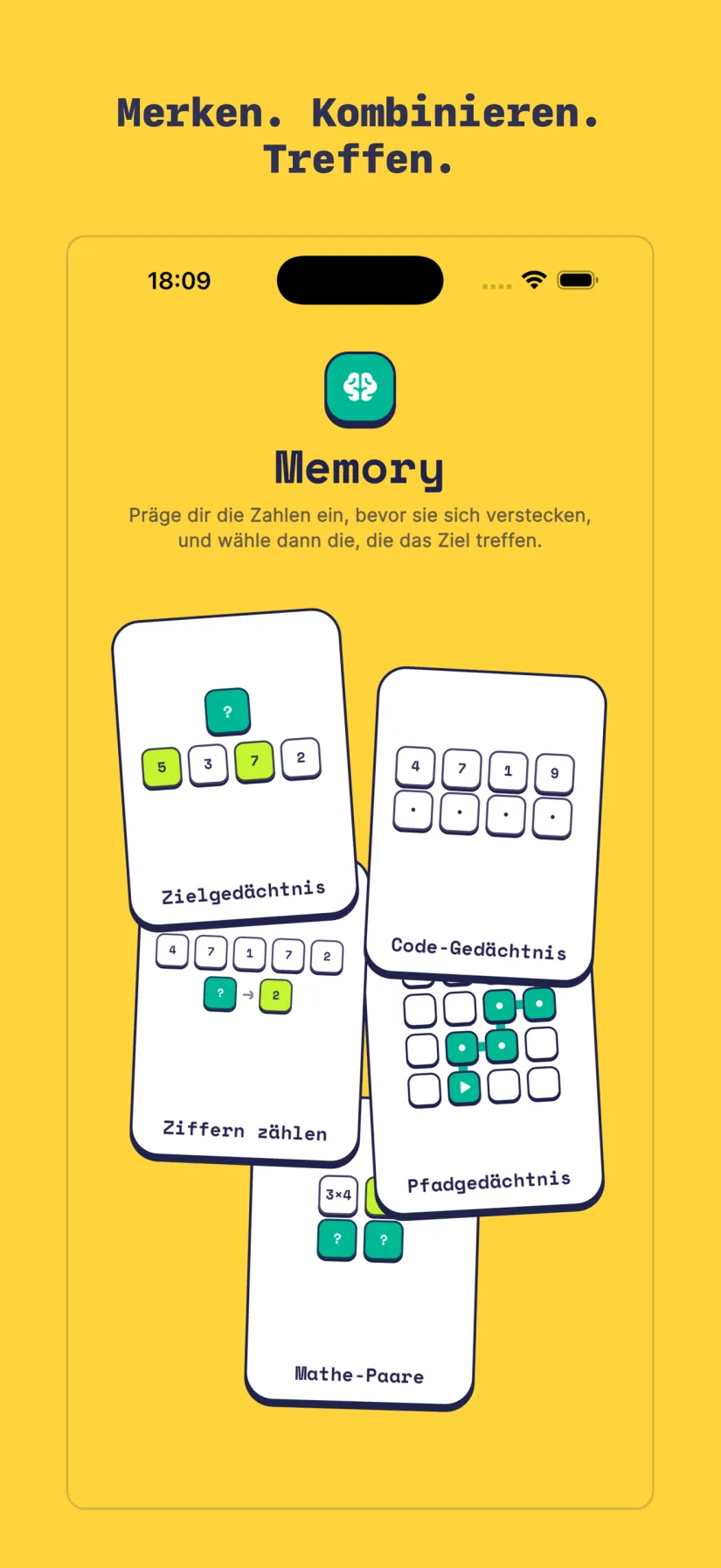 Memory: Zielgedächtnis, Code-Gedächtnis, Ziffern zählen, Pfadgedächtnis, Mathe-Paare