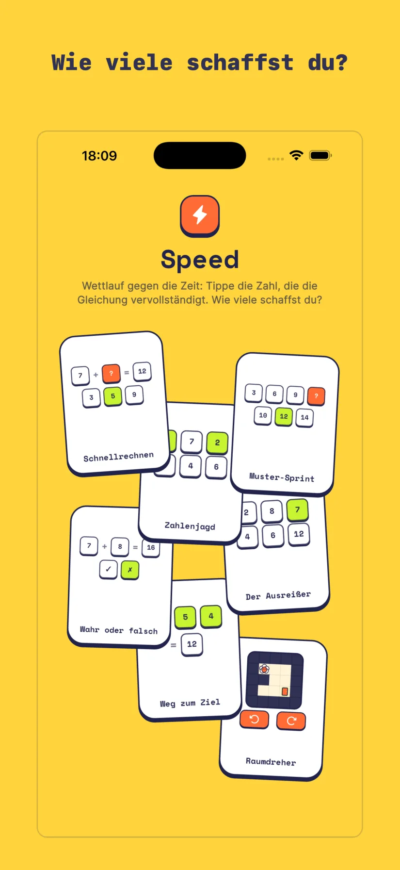 Speed: Schnellrechnen, Muster-Sprint, Zahlenjagd, Der Ausreißer, Wahr oder falsch, Weg zum Ziel, Raumdreher