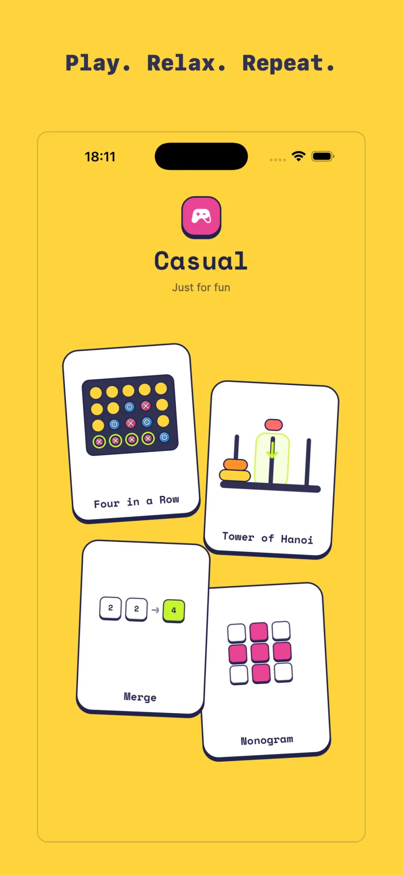 Casual: Four in a Row, Tower of Hanoi, Merge, Nonogram