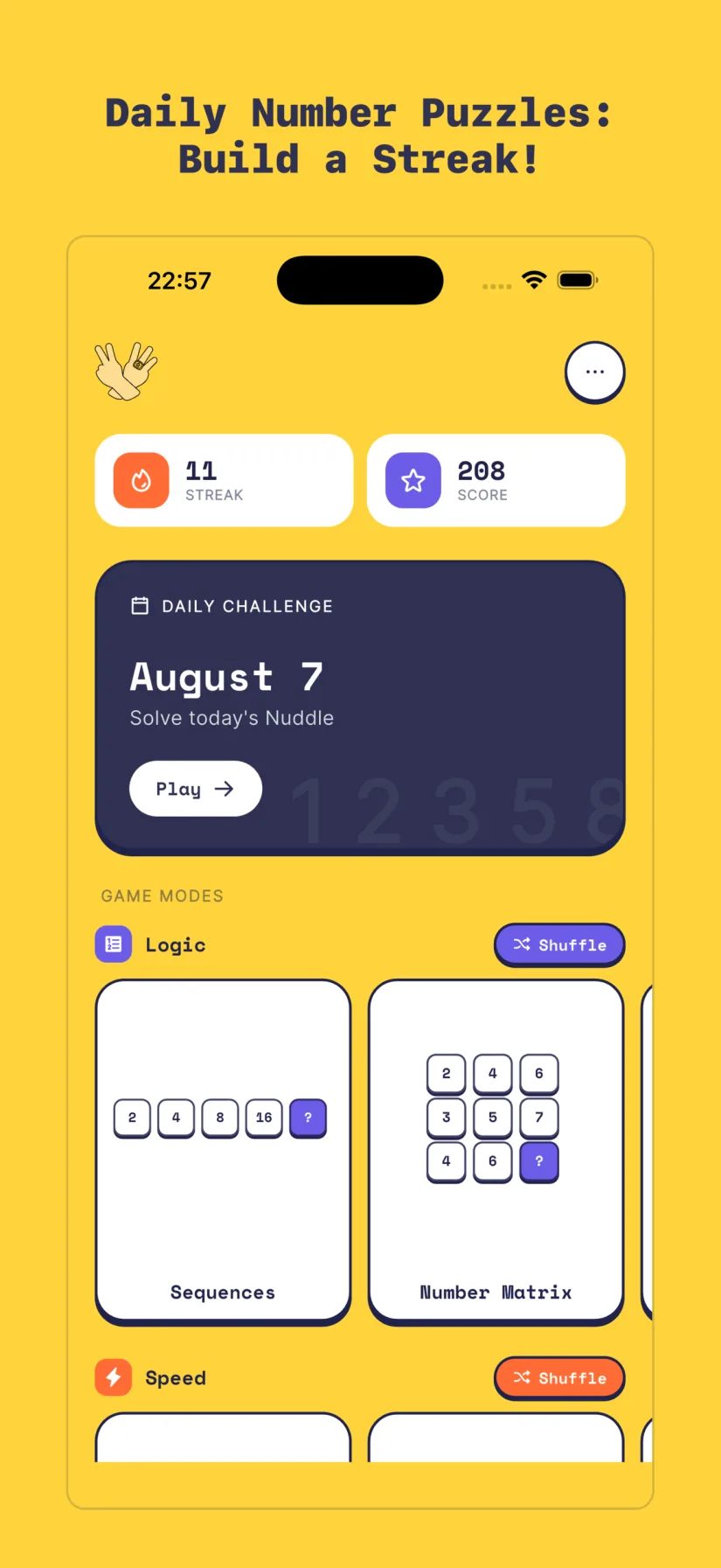 Nuddle home screen with the Daily Nuddle and four game modes
