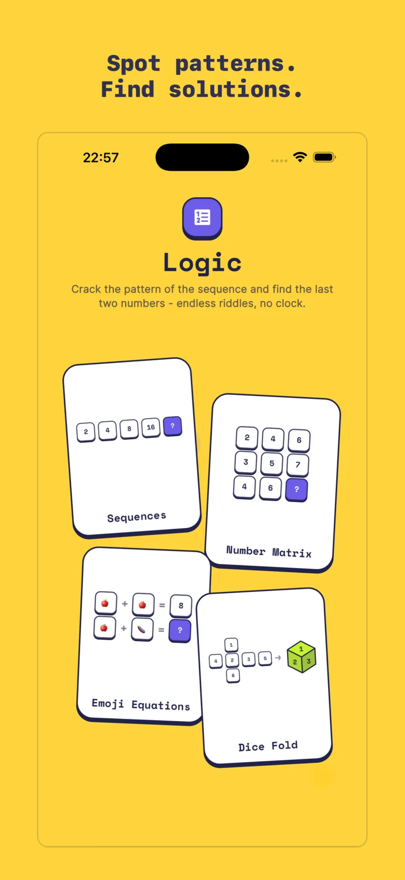 Logic mode with Sequences, Sequence Challenge, Number Matrix, Emoji Equations, and Dice Fold