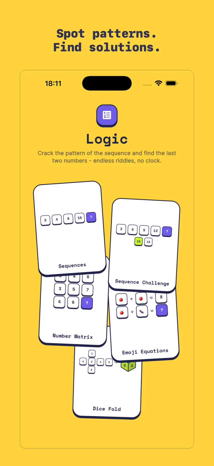 Logic: Sequence Challenge, Sequences, Number Matrix, Emoji Equations, Dice Fold