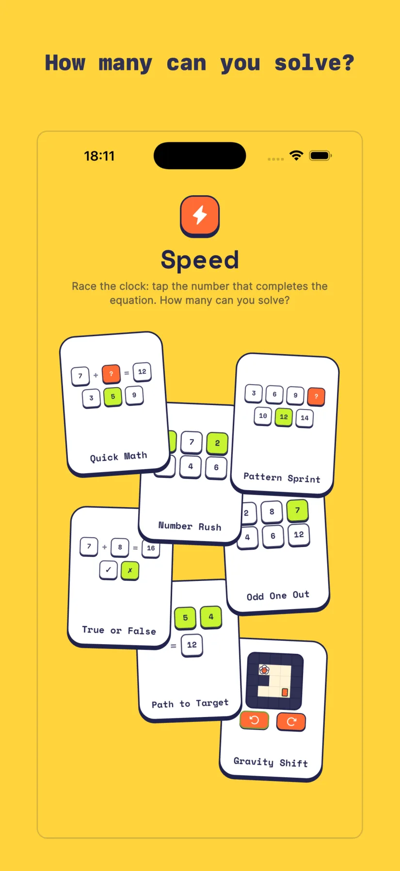Speed: Quick Math, Pattern Sprint, Number Rush, Odd One Out, True or False, Path to Target, Gravity Shift
