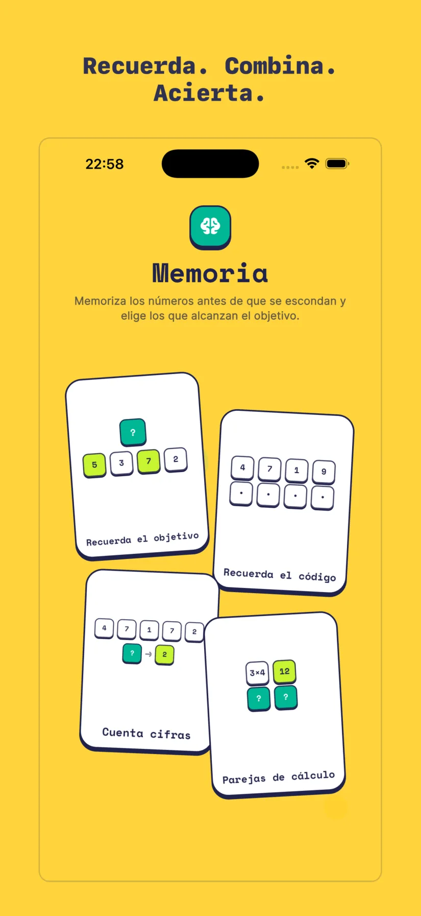 Memoria: Recuerda el objetivo, Recuerda el código, Cuenta cifras, Parejas de cálculo