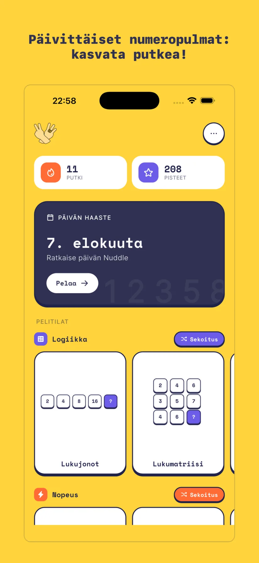 Päivän haaste. Nuddle 2.0. Logiikka, Nopeus, Muisti, Rento