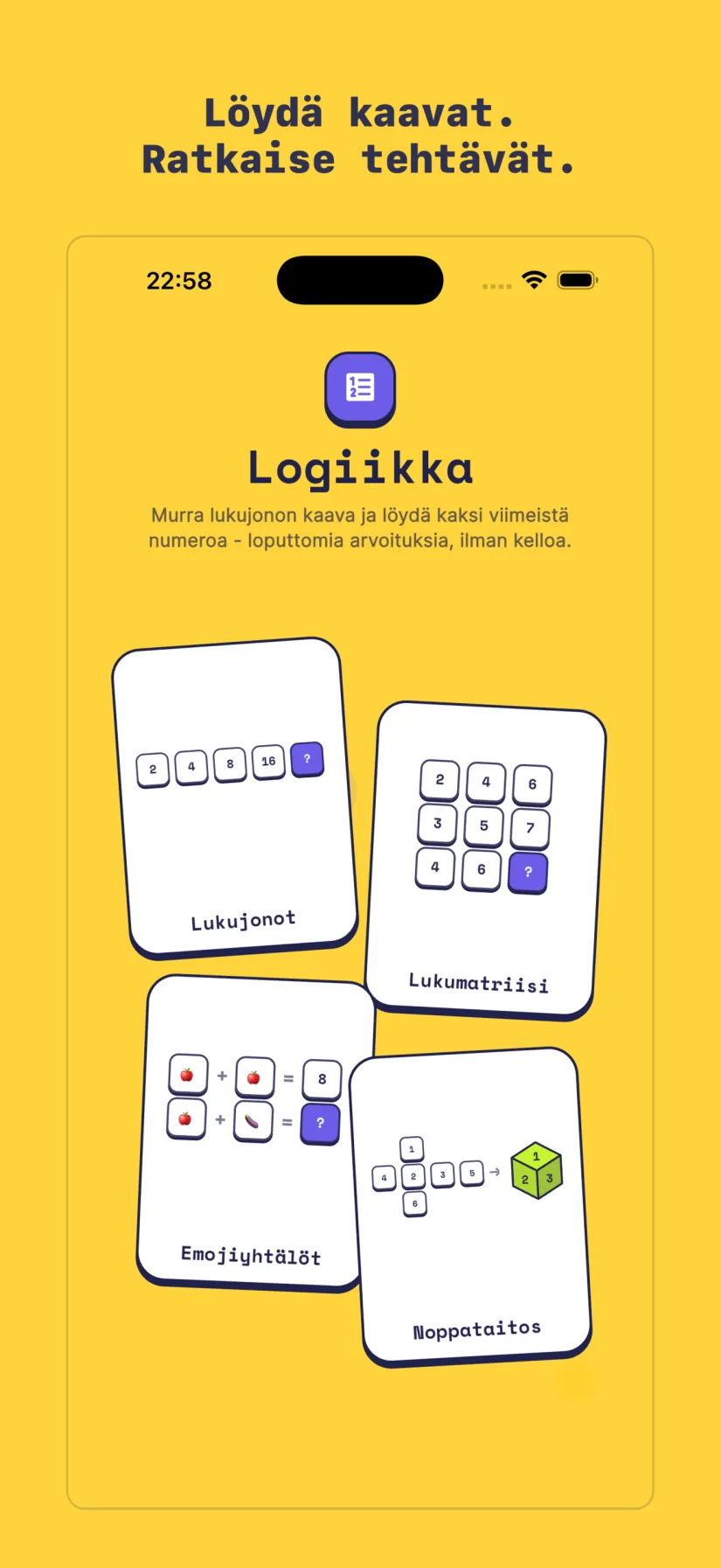 Logiikka: Lukujonot, Lukumatriisi, Emojiyhtälöt, Noppataitos