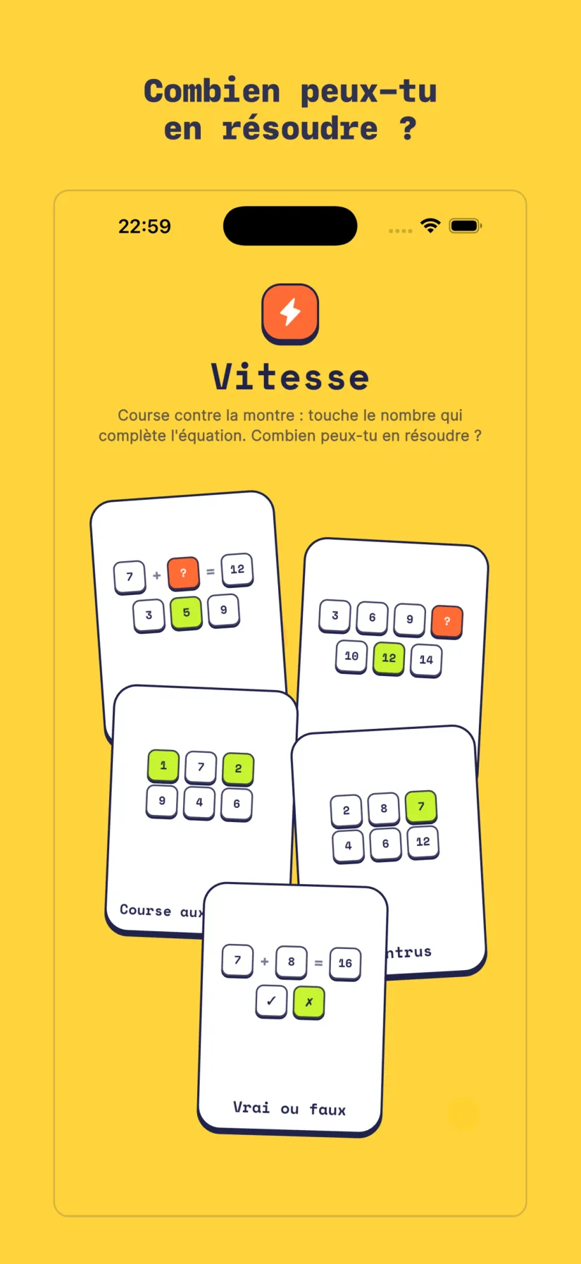 Vitesse: Calcul rapide, Sprint de motifs, Course aux nombres, L'intrus, Vrai ou faux