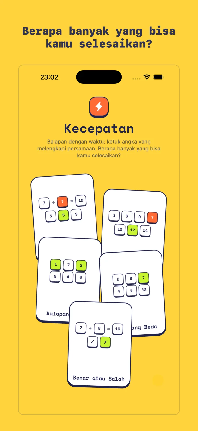 Kecepatan: Matematika Cepat, Sprint Pola, Balapan Angka, Cari yang Beda, Benar atau Salah