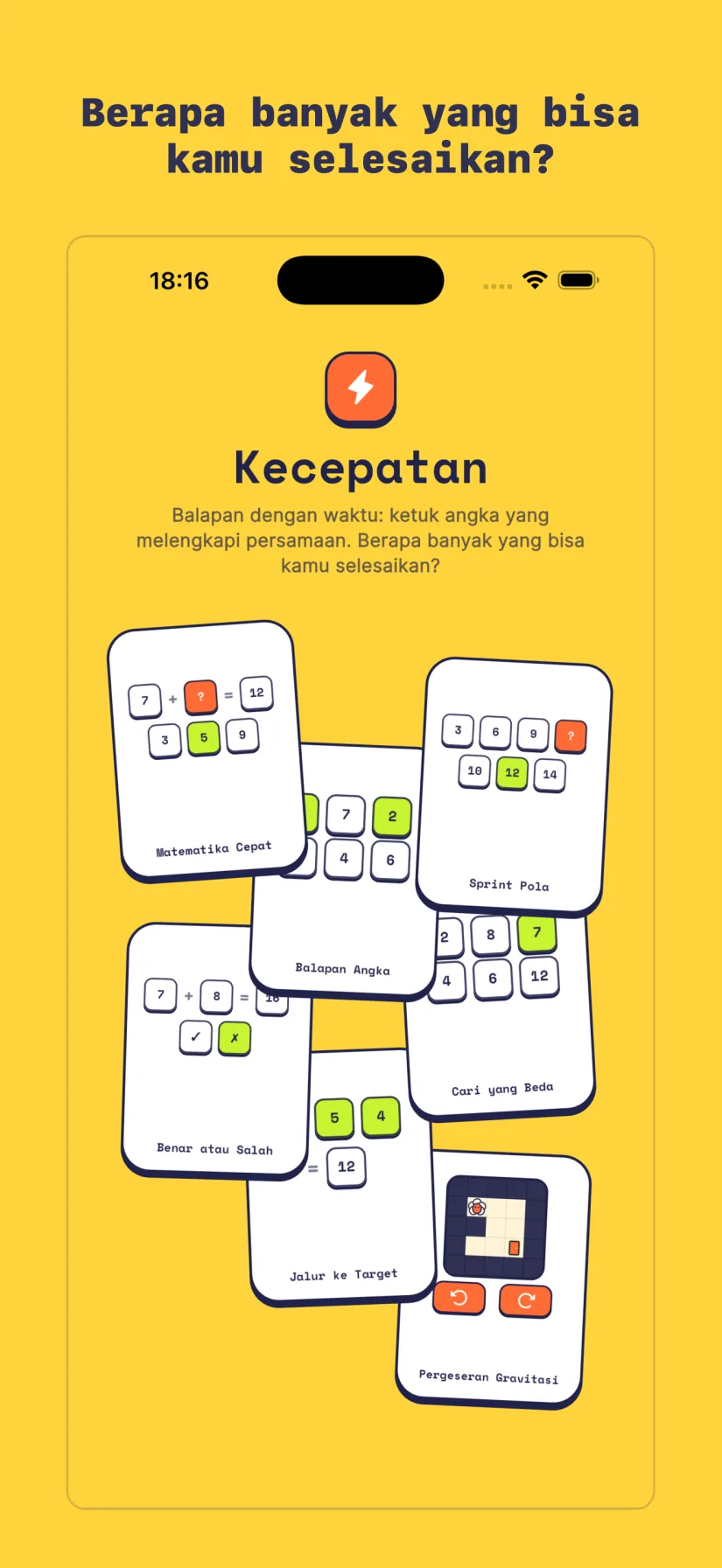 Kecepatan: Matematika Cepat, Sprint Pola, Balapan Angka, Cari yang Beda, Benar atau Salah, Jalur ke Target, Pergeseran Gravitasi