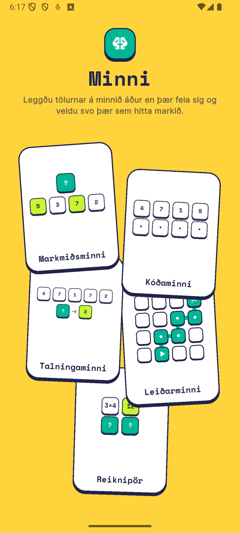 Minni: Markmiðsminni, Kóðaminni, Talningaminni, Leiðarminni, Reiknipör