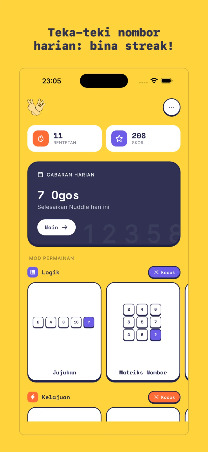 Cabaran Harian. Nuddle 2.0. Logik, Kelajuan, Memori, Santai