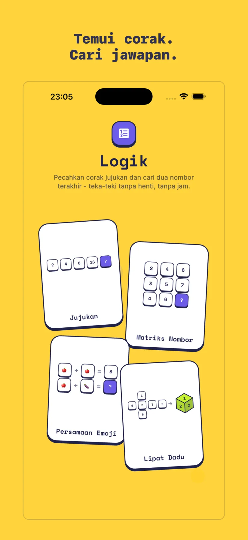 Logik: Jujukan, Matriks Nombor, Persamaan Emoji, Lipat Dadu