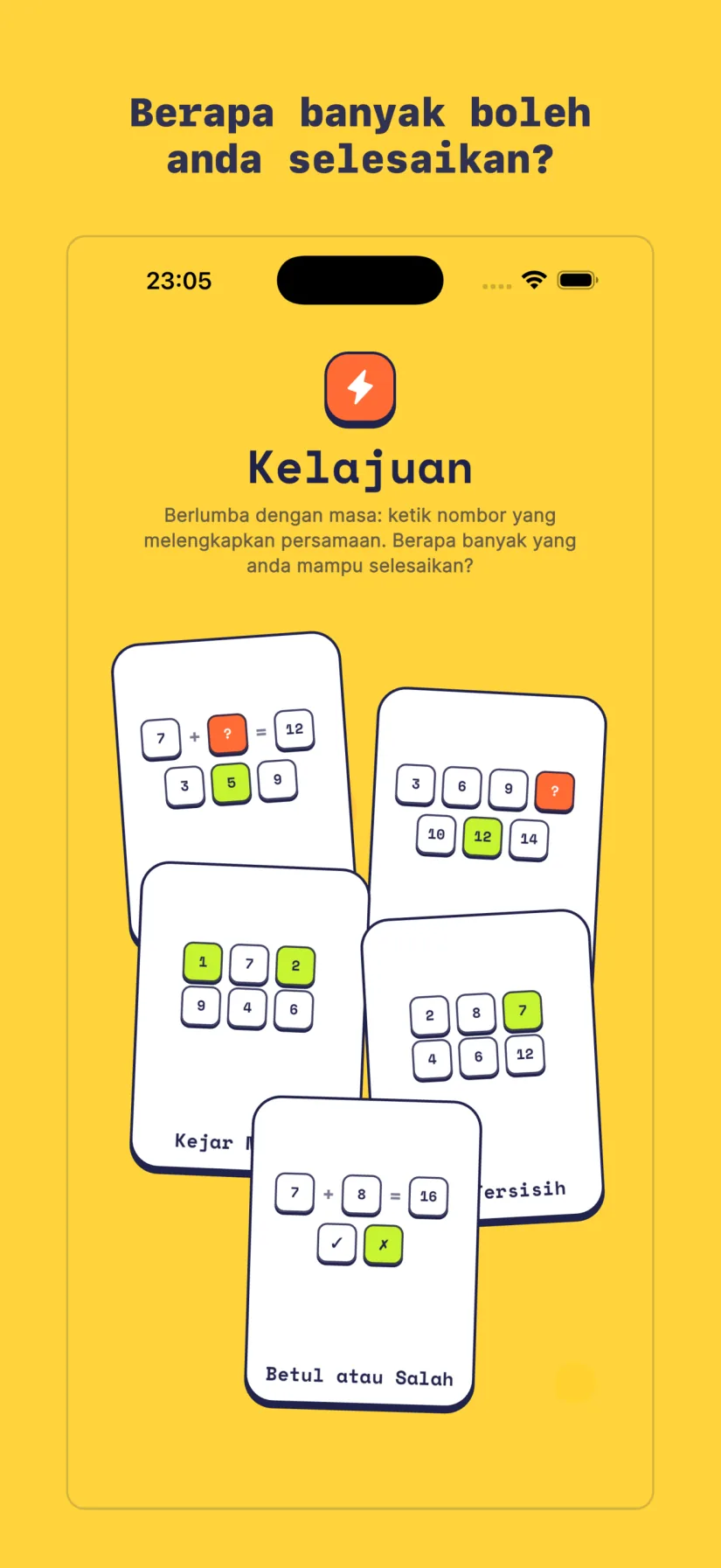 Kelajuan: Kira Pantas, Sprint Corak, Kejar Nombor, Yang Tersisih, Betul atau Salah