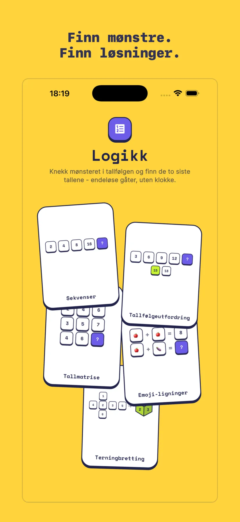 Logikk: Tallfølgeutfordring, Sekvenser, Tallmatrise, Emoji-ligninger, Terningbretting