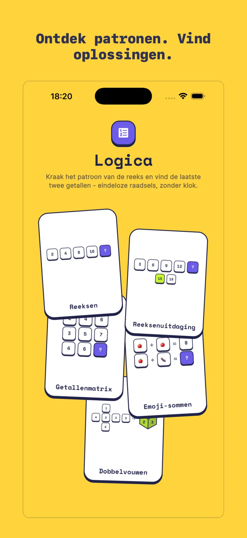 Logica: Reeksenuitdaging, Reeksen, Getallenmatrix, Emoji-sommen, Dobbelvouwen