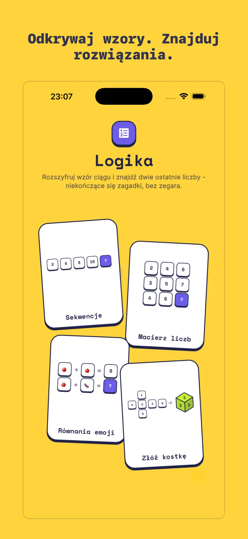 Logika: Sekwencje, Macierz liczb, Równania emoji, Złóż kostkę