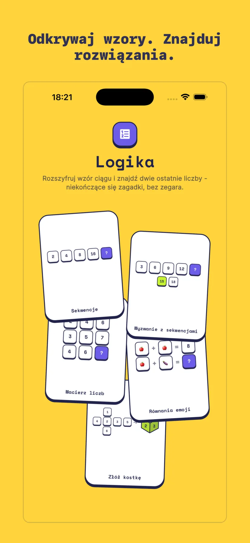 Logika: Wyzwanie z sekwencjami, Sekwencje, Macierz liczb, Równania emoji, Złóż kostkę