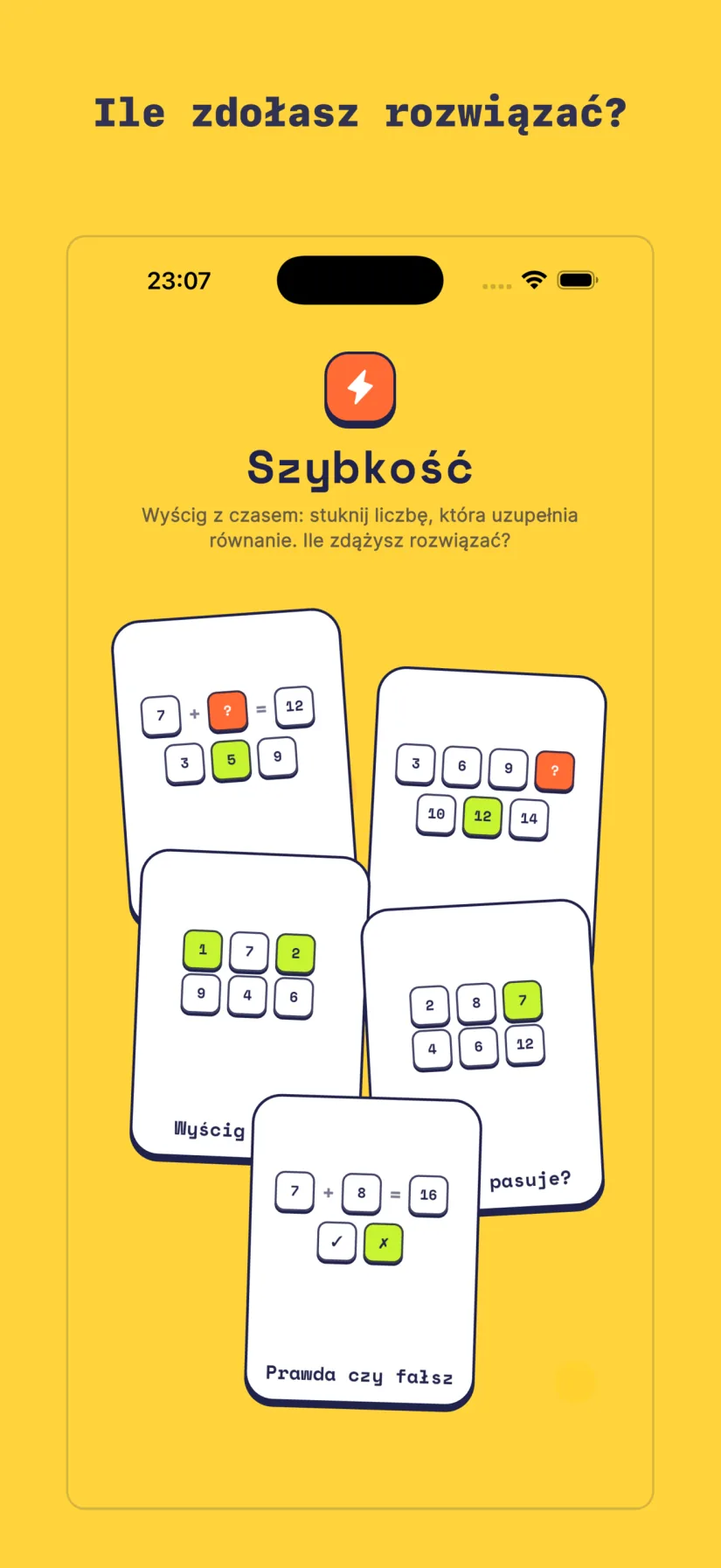 Szybkość: Szybka matematyka, Sprint wzorów, Wyścig liczb, Co nie pasuje?, Prawda czy fałsz