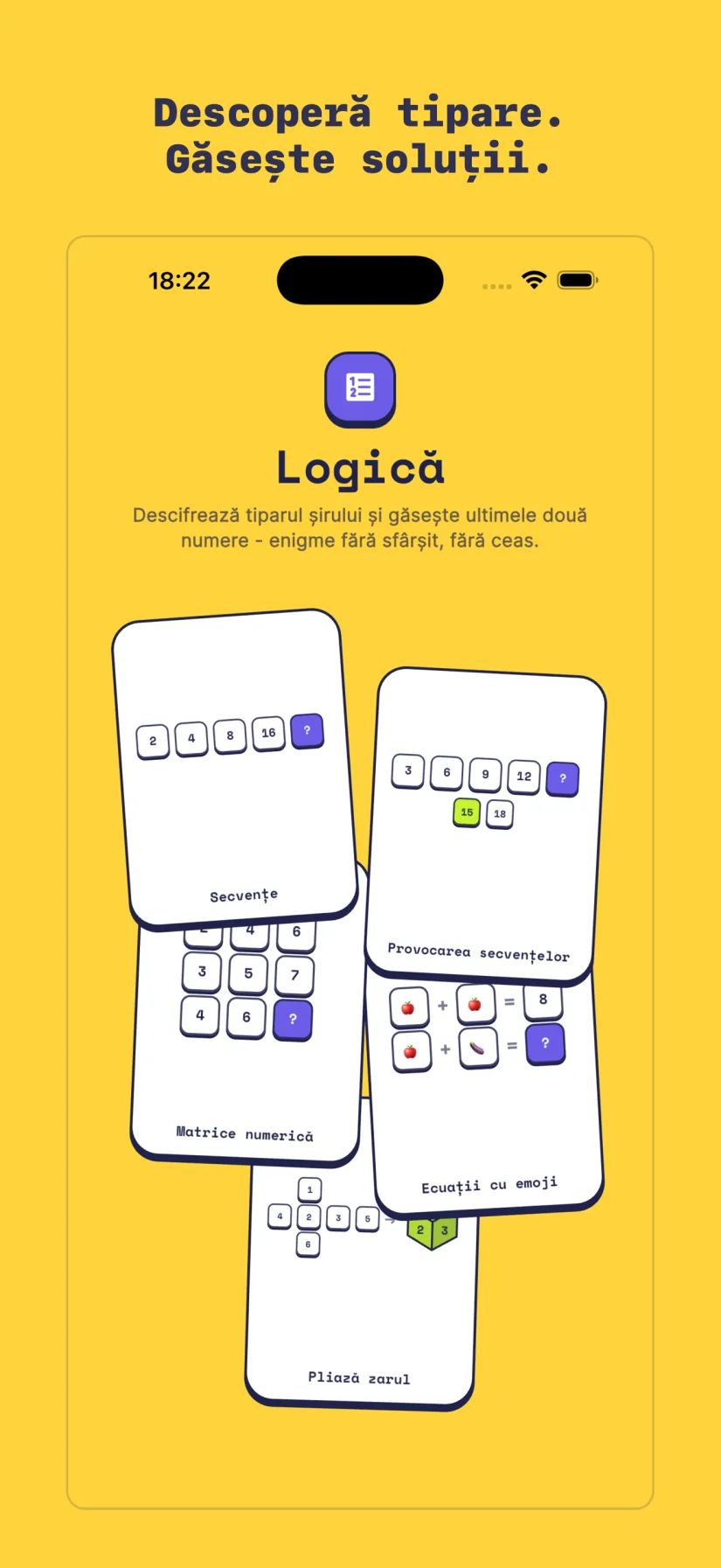 Logică: Provocarea secvențelor, Secvențe, Matrice numerică, Ecuații cu emoji, Pliază zarul
