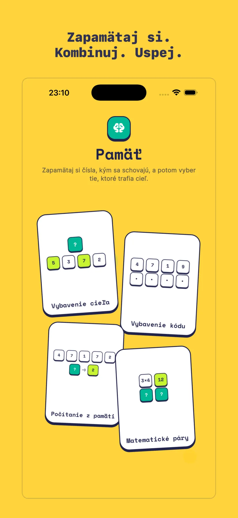 Pamäť: Vybavenie cieľa, Vybavenie kódu, Počítanie z pamäti, Matematické páry