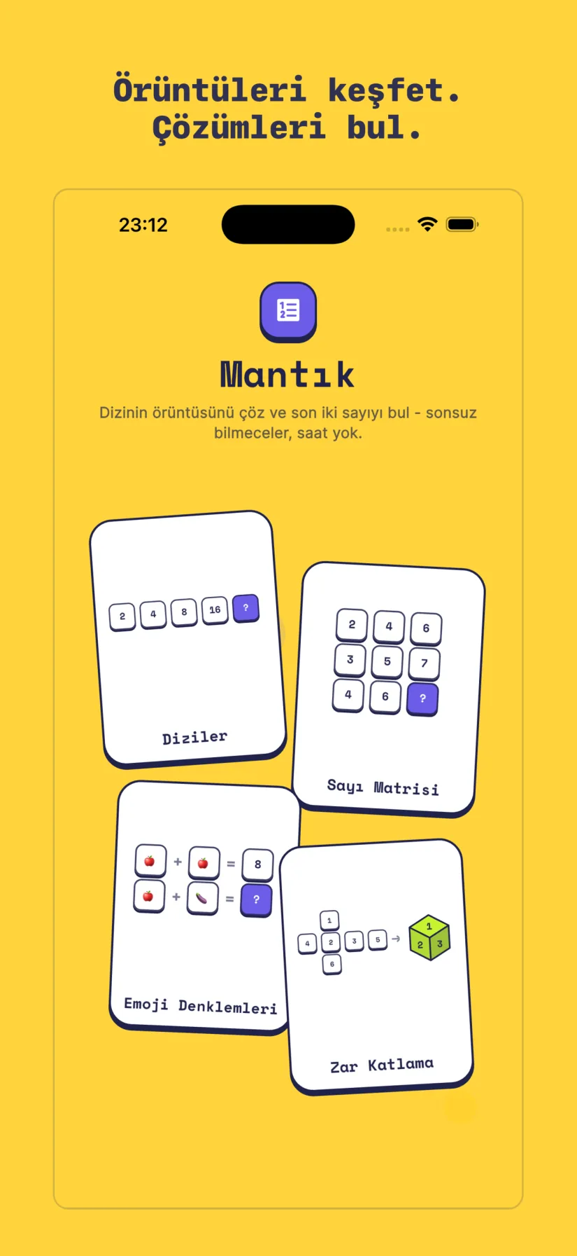Mantık: Diziler, Sayı Matrisi, Emoji Denklemleri, Zar Katlama