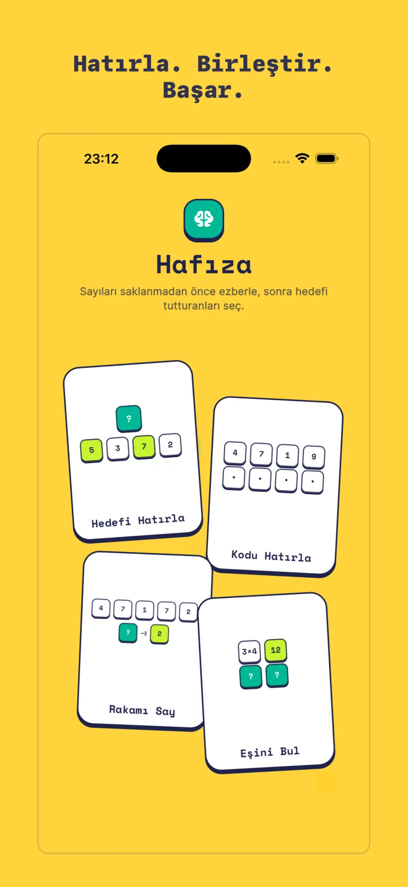 Hafıza: Hedefi Hatırla, Kodu Hatırla, Rakamı Say, Eşini Bul