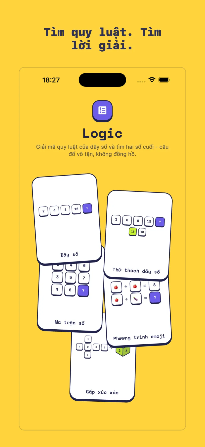 Logic: Thử thách dãy số, Dãy số, Ma trận số, Phương trình emoji, Gấp xúc xắc