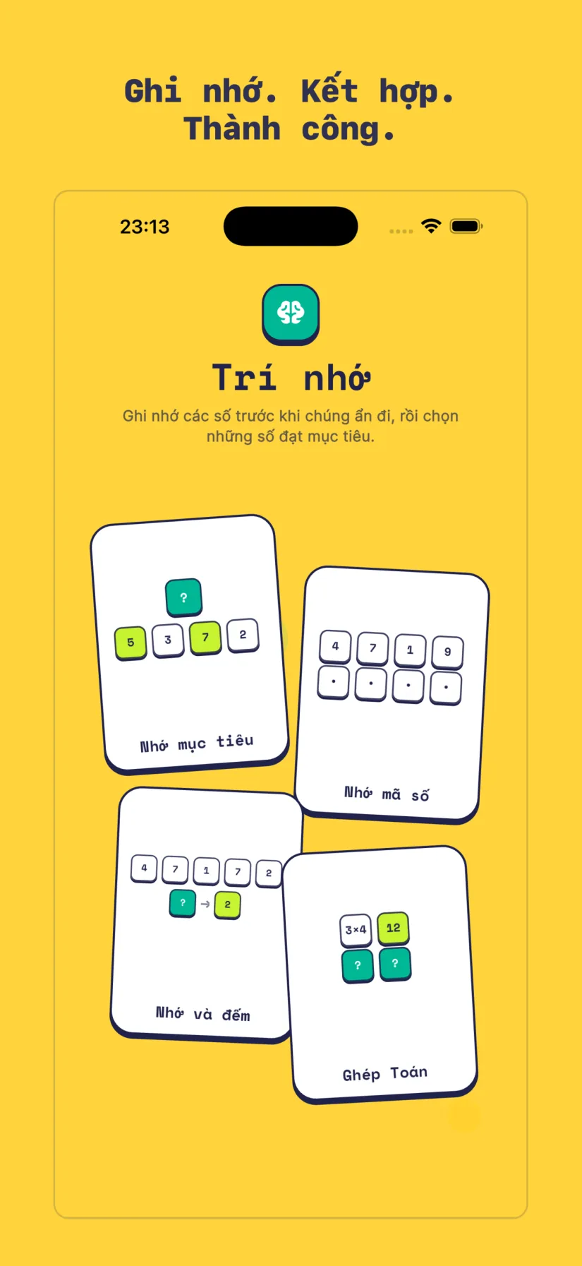 Trí nhớ: Nhớ mục tiêu, Nhớ mã số, Nhớ và đếm, Ghép Toán